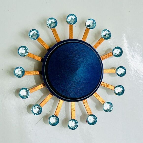 Upcycled Atomic Starburst Refrigerator Magnet Buttons Rhinestones Navy Baby Blue - Picture 1 of 5